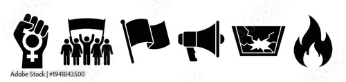 Set of black protest and activism icons representing social movements, feminism, and civil unrest, including a raised fist, demonstrators, a flag, a megaphone, and fire