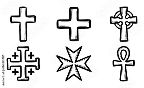 Set of six different religious crosses hand-drawn in a black ink doodle style, including Latin, Greek, Celtic, Jerusalem, Maltese, and Ankh symbols for faith and spirituality