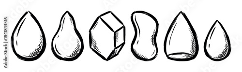Set of hand-drawn liquid drop shapes in various forms including a geometric cube, illustrated in a black ink sketch style with rough brush strokes and hatching details