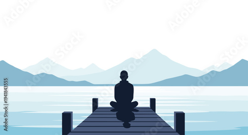 A person's silhouette sits in a peaceful lotus position on a wooden pier, overlooking a tranquil lake with distant mountains under a clear sky.