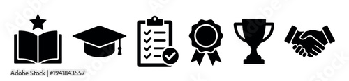 Set of black glyph icons representing education, achievement, and success, featuring a book, graduation cap, checklist, award ribbon, trophy cup, and a handshake
