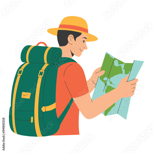 A cartoon man with a backpack and hat studying a map in a vector graphic illustration