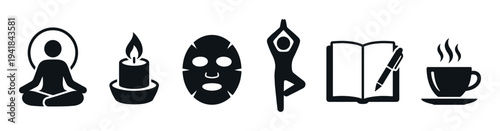 Set of black self-care icons including meditation, a candle, a face mask, yoga, journaling, and a hot drink for wellness and relaxation concepts in a minimalist graphic style