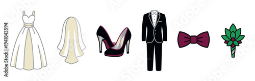 Set of wedding attire and accessories icons including a bridal gown, veil, high heels, groom's tuxedo, bow tie, and boutonnière in a flat graphic style