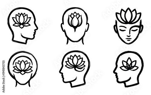 Collection of six black grunge brush stroke icons with a human head and lotus flower, a symbolic representation of mental wellness, zen, and spiritual balance