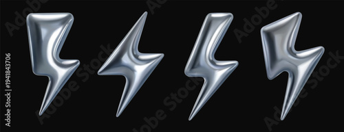 3d lightning vector metal silver chrome flash icon in realistic style isolated vector illustration