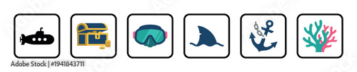 Set of six colorful underwater icons featuring a submarine, treasure chest, diving mask, shark fin, anchor, and coral in a modern flat graphic illustration style
