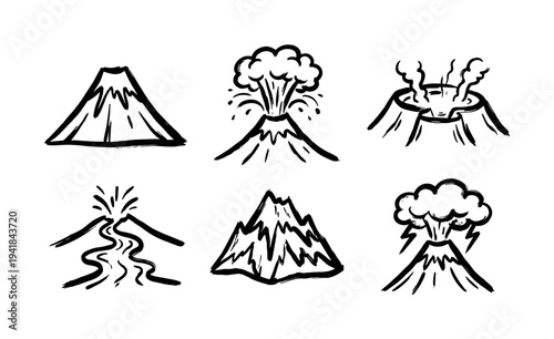 Set of six hand-drawn volcano icons showing different stages of eruption, from a smoking crater to flowing lava and an explosion, created in a simple black brushstroke style