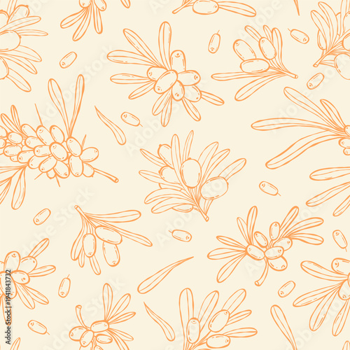 Line Art Sea Buckthorn Seamless Pattern. Branch and Berries on Light Background. Outline hand-drawn. Botanical template Ornament. Vector Square illustration