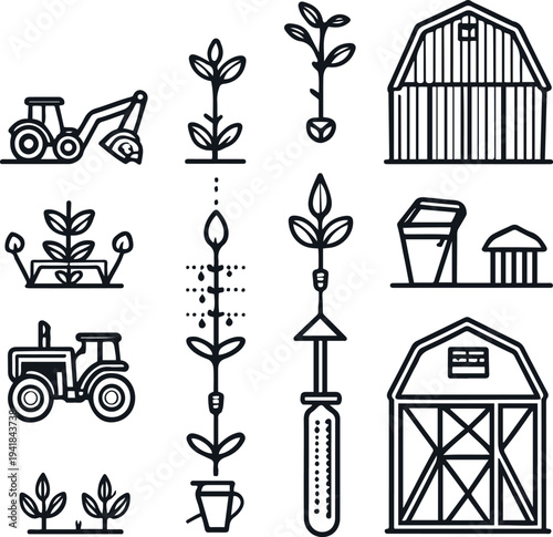  Minimal vector icon set of modern agriculture tools including tractor, seedling plant, irrigation sprinkler 2