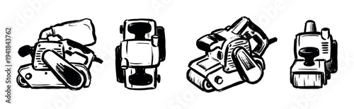 Set of four hand-drawn belt sander illustrations showing the power tool from various angles in a bold black ink sketch style for woodworking and carpentry concepts