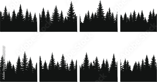 Set of pine forest silhouette borders and seamless sections isolated on white background for banners, headers, patterns, and stock design use