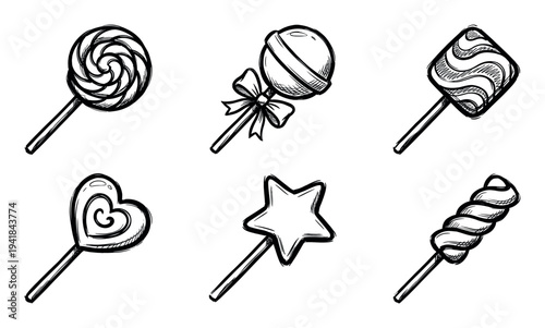 Collection of six hand-drawn lollipops in various shapes including a spiral, heart, and star, rendered in a black and white ink sketch doodle style for a sweet treat concept