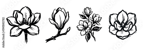 Set of four black ink magnolia flower illustrations with a hand-drawn sketchy brush stroke texture, featuring blooming blossoms, a bud, and a leafy branch in a minimalist style