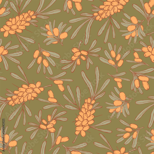 Sea Buckthorn Seamless Pattern. Orange Berries and Leaves on Dark Green Background. Botanical Branch Repeat Print for Eco-Packaging. Vector illustration. Color hand-drawn Square template