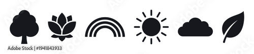 Diverse set of six black nature icons featuring a tree, lotus, rainbow, sun, cloud, and leaf, presented in a clean, flat, and minimalist vector silhouette style