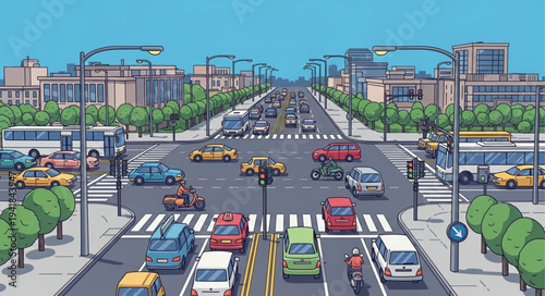 Bustling City Intersection with Cars, Buses, and Pedestrians.