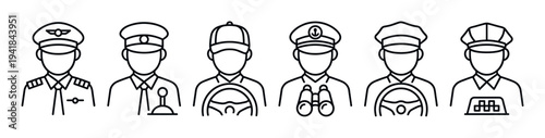 Six outline icons of various professional drivers and captains are depicted in a simple, modern line art style, showcasing different transportation occupations