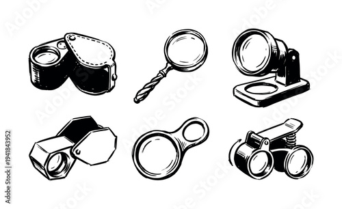 Six different black and white optical instruments, including magnifiers, a jeweler's loupe, and binoculars, are depicted in a graphic, hand-drawn ink illustration style