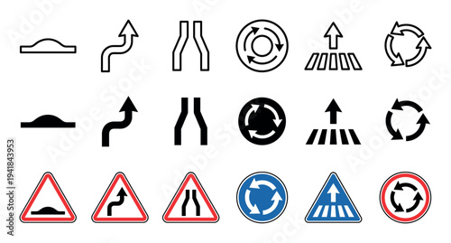 Set of various road traffic signs and symbols showing speed bump, winding road, narrowing lane, roundabout, and pedestrian crossing icons in outline, solid, and color styles