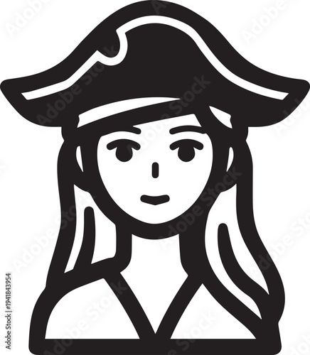 Hand Drawn Woman Pirate Black and White Avatar Illustration in Minimal Line Art Style Design