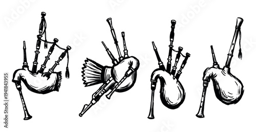 Four traditional bagpipes in a hand-drawn black and white ink sketch style, showing a collection of different folk wind instruments with detailed pipes and bags