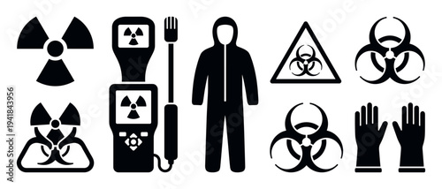 Set of black hazard warning icons featuring radiation, biohazard, a hazmat suit, geiger counter, and protective gloves, presented as simple graphic vector-style silhouettes