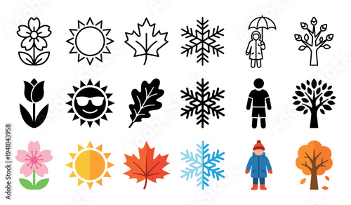 Collection of seasonal nature and weather icons for spring, summer, autumn, and winter, presented in line art, solid glyph, and colorful flat design illustration styles