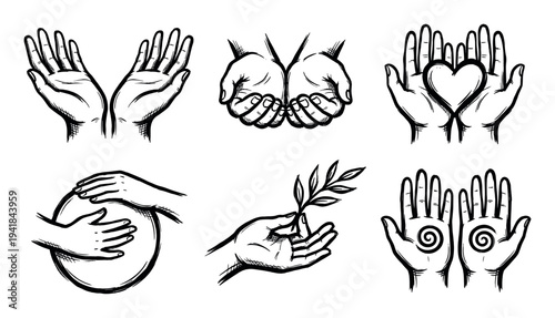 Set of hand-drawn spiritual and caring gestures in a black and white doodle style, including hands holding a heart, an olive branch, and cupped palms