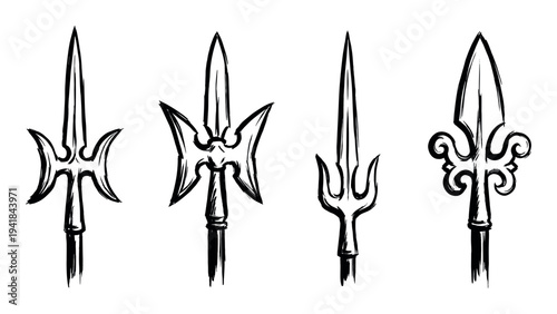 Four black ink brush stroke medieval spearheads and halberds in a hand-drawn sketch style, showcasing various ornate and sharp designs for historical or fantasy concepts