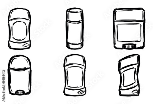 Six hand-drawn deodorant stick illustrations in a sketchy black and white doodle style, showing various container shapes for personal hygiene and body care products