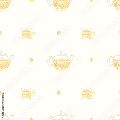 Citrus Lemonade Seamless Pattern. Refreshing Summer Drink Glass Teapot and Mug with Lemon, Mint and Ice Cubes on light Background. Vector Illustration