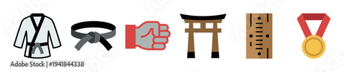 Set of flat martial arts icons featuring a gi uniform, black belt, clenched fist, torii gate, wooden breaking board, and a gold medal for competition and training