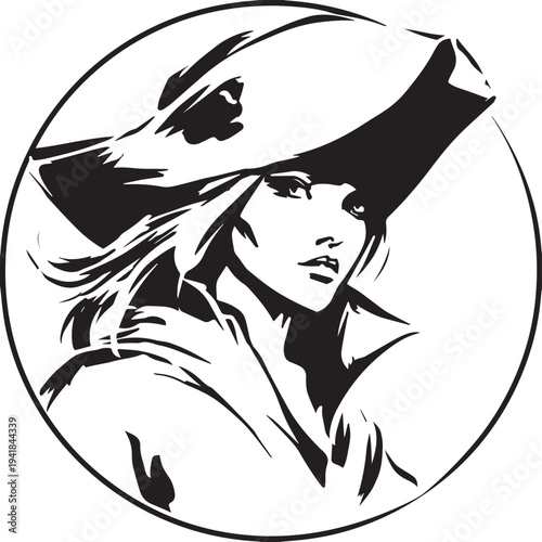 Hand Drawn Woman Pirate Black and White Avatar Illustration in Minimal Line Art Style Design