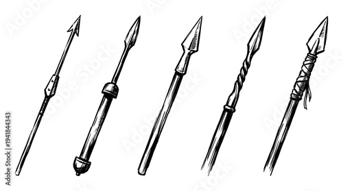 Set of five hand-drawn ancient spears with various unique arrowhead and shaft designs, illustrated in a black and white ink sketch style for historical or fantasy concepts
