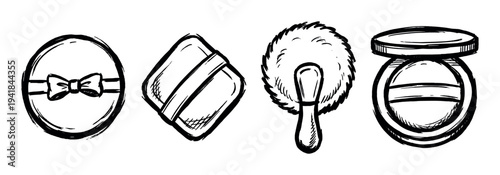 Hand drawn cosmetic powder puff and compact set showing various applicators and a case in a black ink sketch style for beauty and makeup concepts