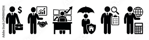 Set of black business and finance icons showing various professional roles and concepts like investment, partnership, stock trading, insurance, auditing, and global commerce