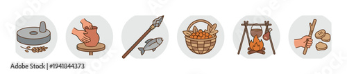 Collection of six cartoon icons depicting primitive human survival skills including pottery, fishing, gathering, cooking over a fire, grinding grain, and making simple bread