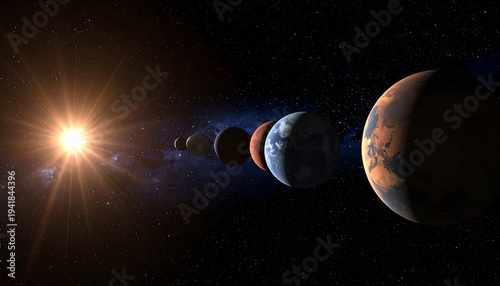Planets align in a row, from a bright sun outwards into dark space with distant stars scattered around