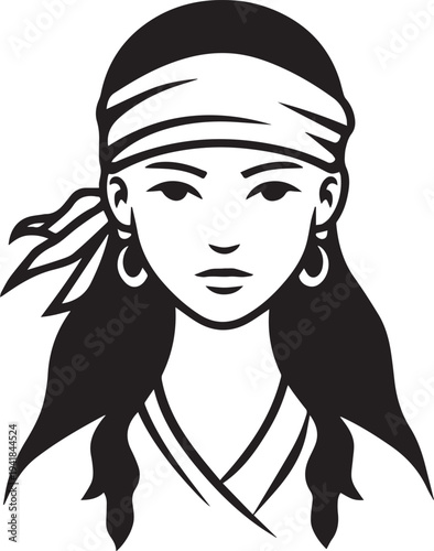 Hand Drawn Woman Pirate Black and White Avatar Illustration in Minimal Line Art Style Design