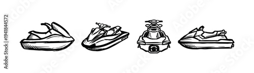 Set of four personal watercraft illustrations in a bold black and white hand-drawn sketch style, showing the vehicle from multiple angles in a simple graphic line art design