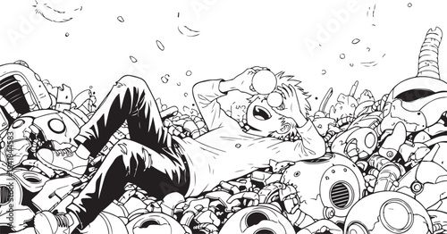 Vector illustration of man lying on pile of robots