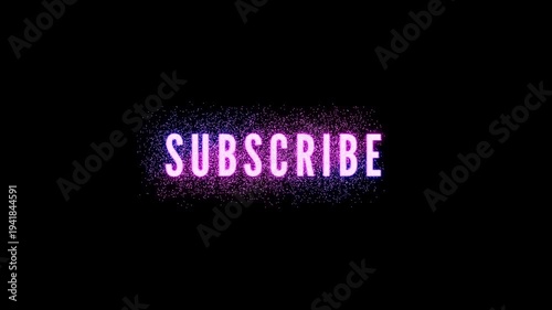 A glowing, neon-style 'SUBSCRIBE' button with purple and pink particle effects on a dark background, ideal for video content.