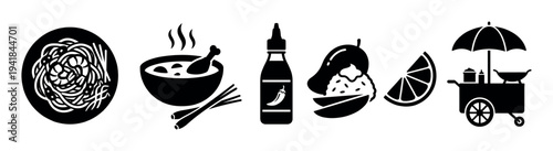 Black silhouette icons of traditional Asian cuisine arranged in a row, featuring noodles, chicken soup, hot sauce, mango sticky rice, lime, and a street food vendor cart