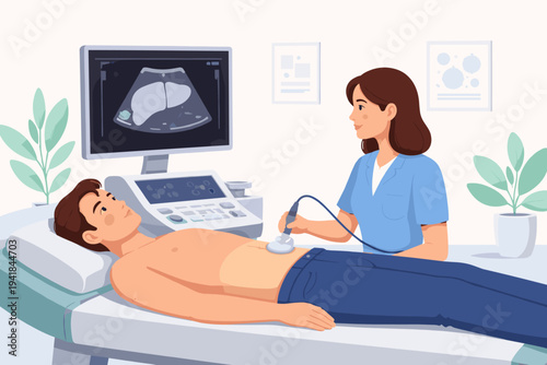 Vector illustration of a male patient in a clinic getting an abdominal ultrasound exam of the liver, female doctor using ultrasonography machine for medical diagnosis in a hospital setting.
