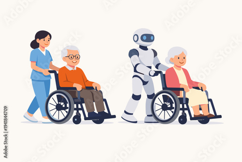 Vector illustration of a female nurse and a futuristic robot assistant pushing elderly senior people in wheelchairs, representing modern and future healthcare technology for geriatric care.