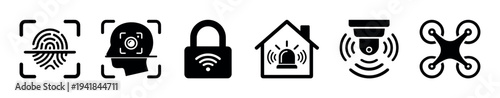 Collection of black security system icons for smart home technology, including biometric fingerprint and face recognition, a wireless lock, house alarm, CCTV camera, and a drone