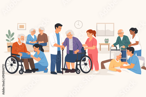Flat vector illustration of a professional nursing home environment where dedicated medical staff, nurses, and doctors provide compassionate care and assistance to elderly people with disabilities.