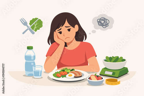 Sad Unhappy Woman Struggling with Strict Diet and Loss of Appetite Sitting at Table with Healthy Food, Salad, Egg, Fruit, and Water, Mental Stress and Weight Loss Concept Flat Vector Illustration
