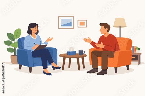 Vector illustration of a professional female psychologist taking notes while listening to a male patient during a therapy session in a cozy office setting with armchairs, coffee table, and plants.